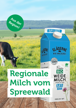 Produktfoto zu Milch von der Gläsernen Molkerei: Regionale Bio-Milch aus dem Spreewald, transparent, traditionell und vielfältig im Sortiment.