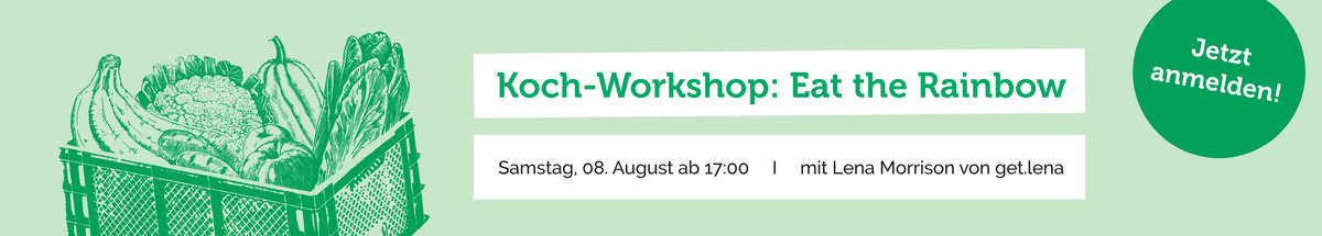 KI generiert: Kiste mit Gemüse und Ankündigung für Koch-Workshop: "Eat the Rainbow", am Samstag, 08. August, 17:00 Uhr.