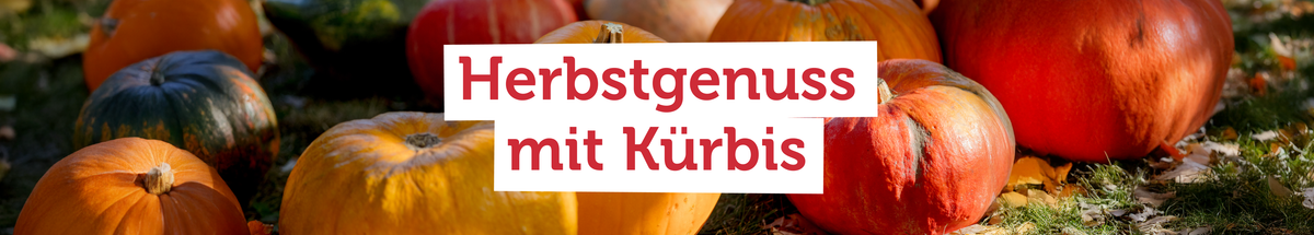 KI generiert: Verschiedene Kürbisse auf Gras. Text: "Herbstgenuss mit Kürbis".