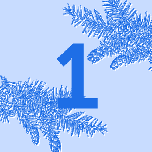 KI generiert: Große Zahl "1" umgeben von Tannenzweigen auf blauem Hintergrund.