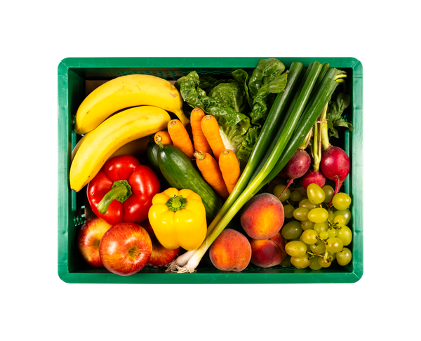 KI generiert: Korb mit frischem Obst und Gemüse: Bananen, Paprika, Trauben, Karotten, Pfirsiche, Äpfel, Zucchini, Salat, Lauch.