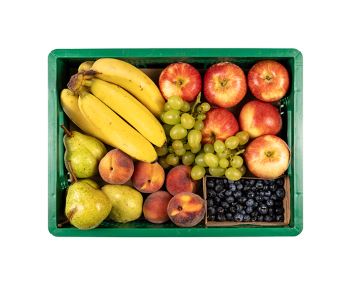 KI generiert: Ein grüner Korb voller Obst: Bananen, Äpfel, Trauben, Pfirsiche, Birnen und Heidelbeeren.