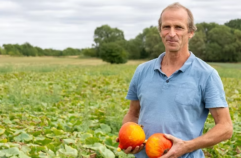 KI-generierte Beschreibung: Ein Mann hält in einem Feld Tomaten und Paprika.