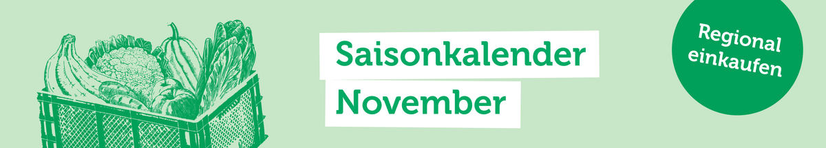 KI generiert: Grüner Hintergrund mit Gemüsekorb. Text: "Saisonkalender November", "Regional einkaufen".