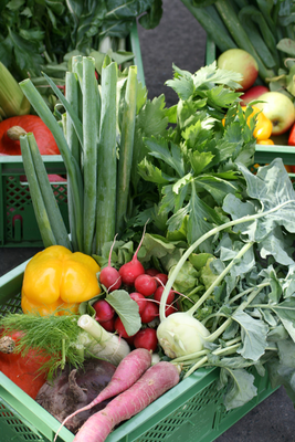 Zwei Frauen am Küchentisch mit Obst und Gemüse