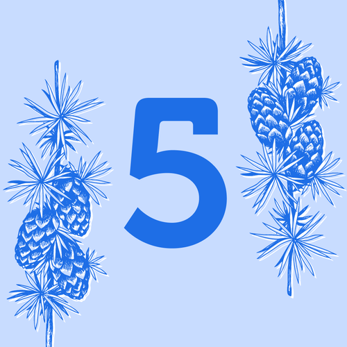 KI generiert: Zahl 5 in der Mitte, flankiert von Kiefernzapfen-Zeichnungen auf blauem Hintergrund.