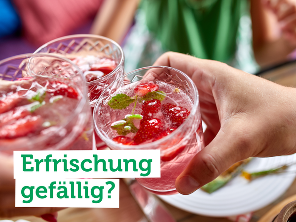 elbstgemachte Konfitüre in Gläsern; Text: "Konfitüre selbst gemacht".