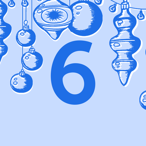KI generiert: Die Zahl "6" mit Weihnachtsschmuck auf blauem Hintergrund.