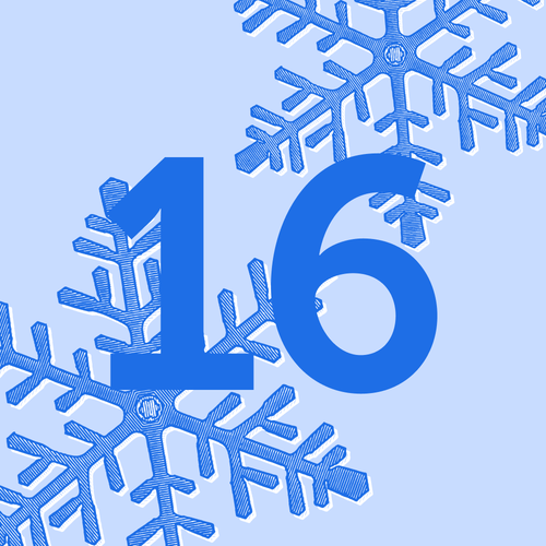 KI generiert: Blaue Schneeflocken auf hellblauem Hintergrund mit der Zahl "16".