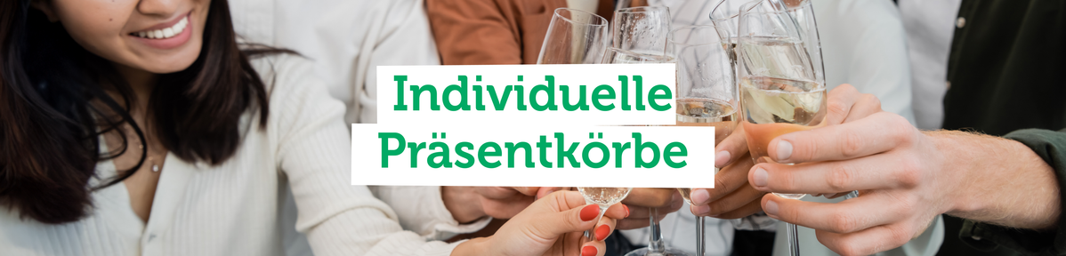 KI generiert: Personen stoßen mit Sektgläsern an. Text: "Individuelle Präsentkörbe".