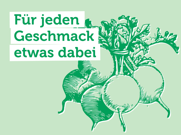 KI generiert: Illustration von drei Radieschen, Text: "Für jeden Geschmack etwas dabei".