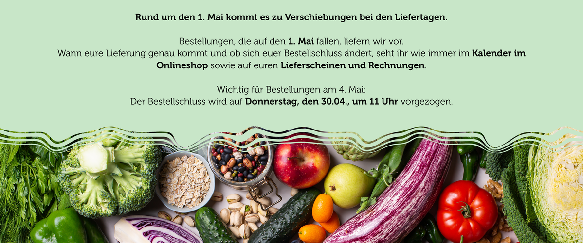 KI generiert: Das Bild zeigt Gemüse und informiert über Lieferverzögerungen um den 1. Mai.