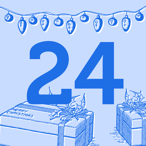 KI generiert: Zahl 24 mit Weihnachtslichtern und Geschenken. Text auf Geschenk: "Merry Christmas".