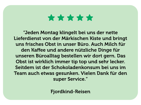 KI generiert: Eine Bewertung mit 5 Sternen über einen Obst-Lieferdienst im Büro. Enthält lobenden Text.