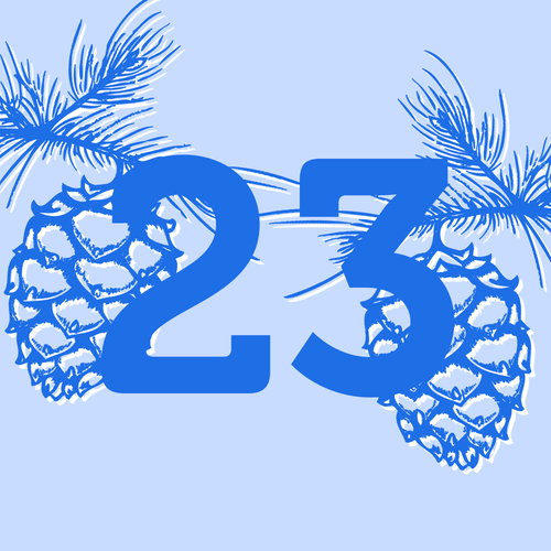 KI generiert: Die Zahl 23 in Blau vor Kiefernzapfen und Nadeln auf hellblauem Hintergrund.