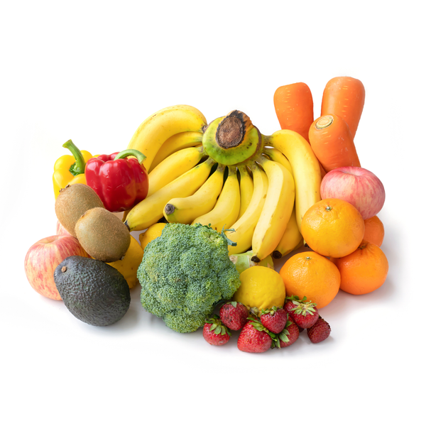 KI generiert: Eine bunte Auswahl an Obst und Gemüse, darunter Bananen, Äpfel, Orangen, Brokkoli und Karotten.