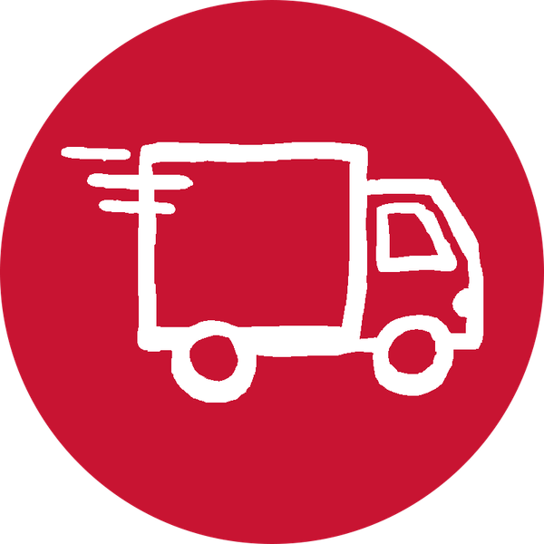 Ein rotes rundes Icon mit einer weißen, hangezeichneten Grafik eines Lastenautos.