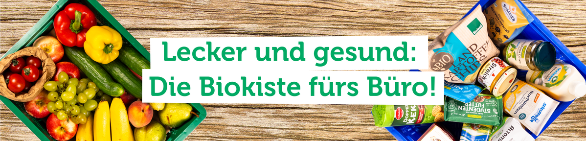 KI generiert: Frisches Obst und Gemüse sowie Bürokisten mit text: "Lecker und gesund: Die Biokiste fürs Büro!"