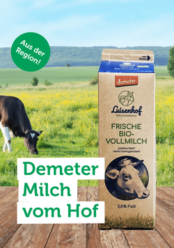 Produktfoto zu Luisenhof liefert Demeter-Milch vom eigenen Hof, aus nachhaltiger Tierhaltung und liebevoll handwerklich hergestellt.