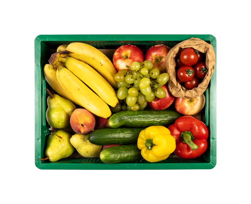 KI generiert: Eine grüne Kiste voller verschiedener Früchte und Gemüse, darunter Bananen, Äpfel, Tomaten und Paprika.