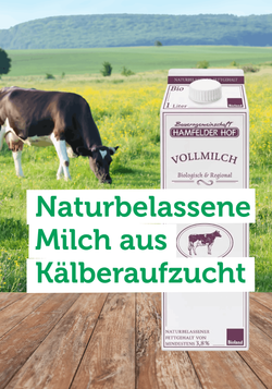 Produktfoto zu Milch von Hamfelder Hof in Norddeutschland stammt aus kuhgebundener Kälberaufzucht und wird naturbelassen verarbeitet.